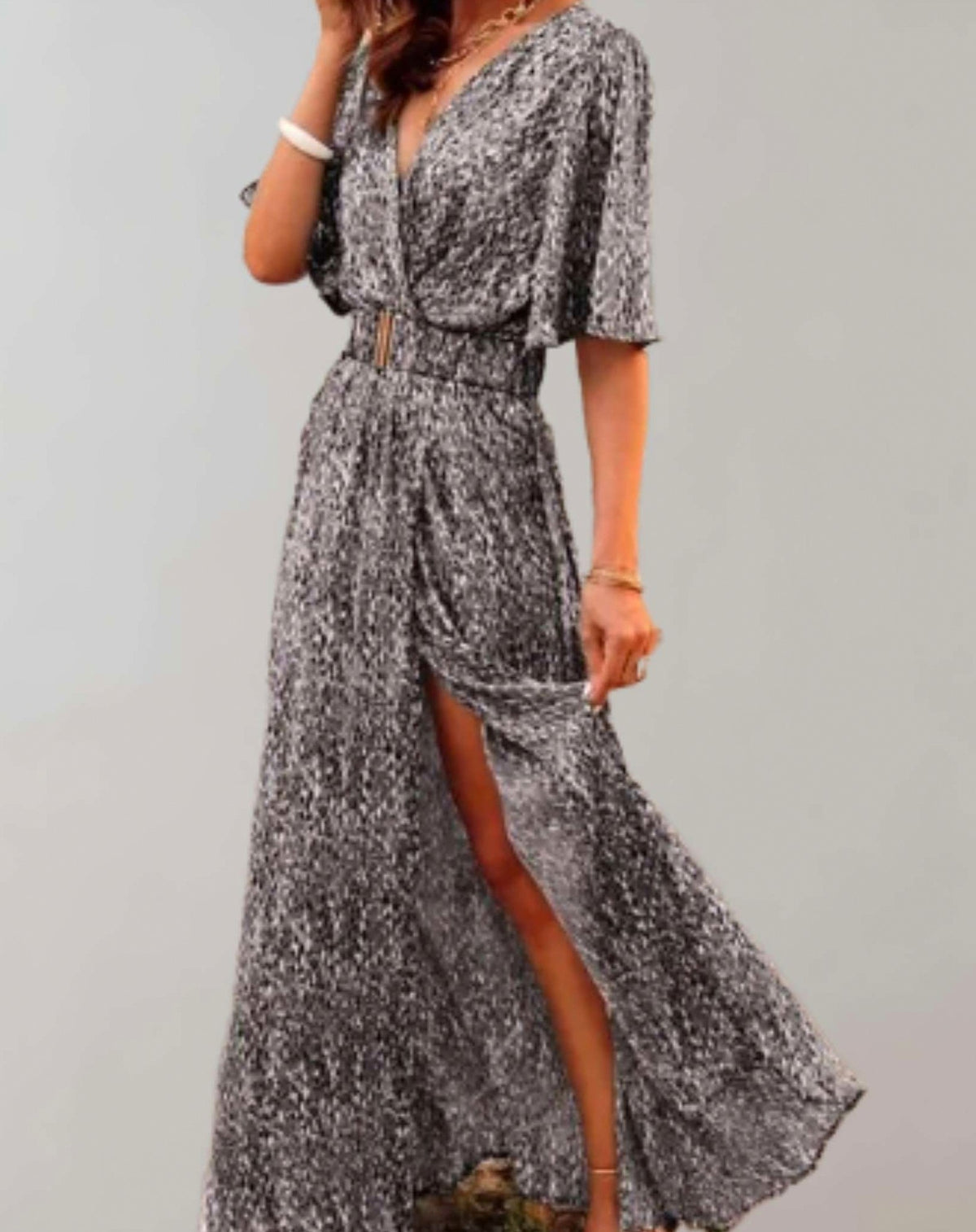 Short Sleeve Abstract Belted Wrap Maxi Dress