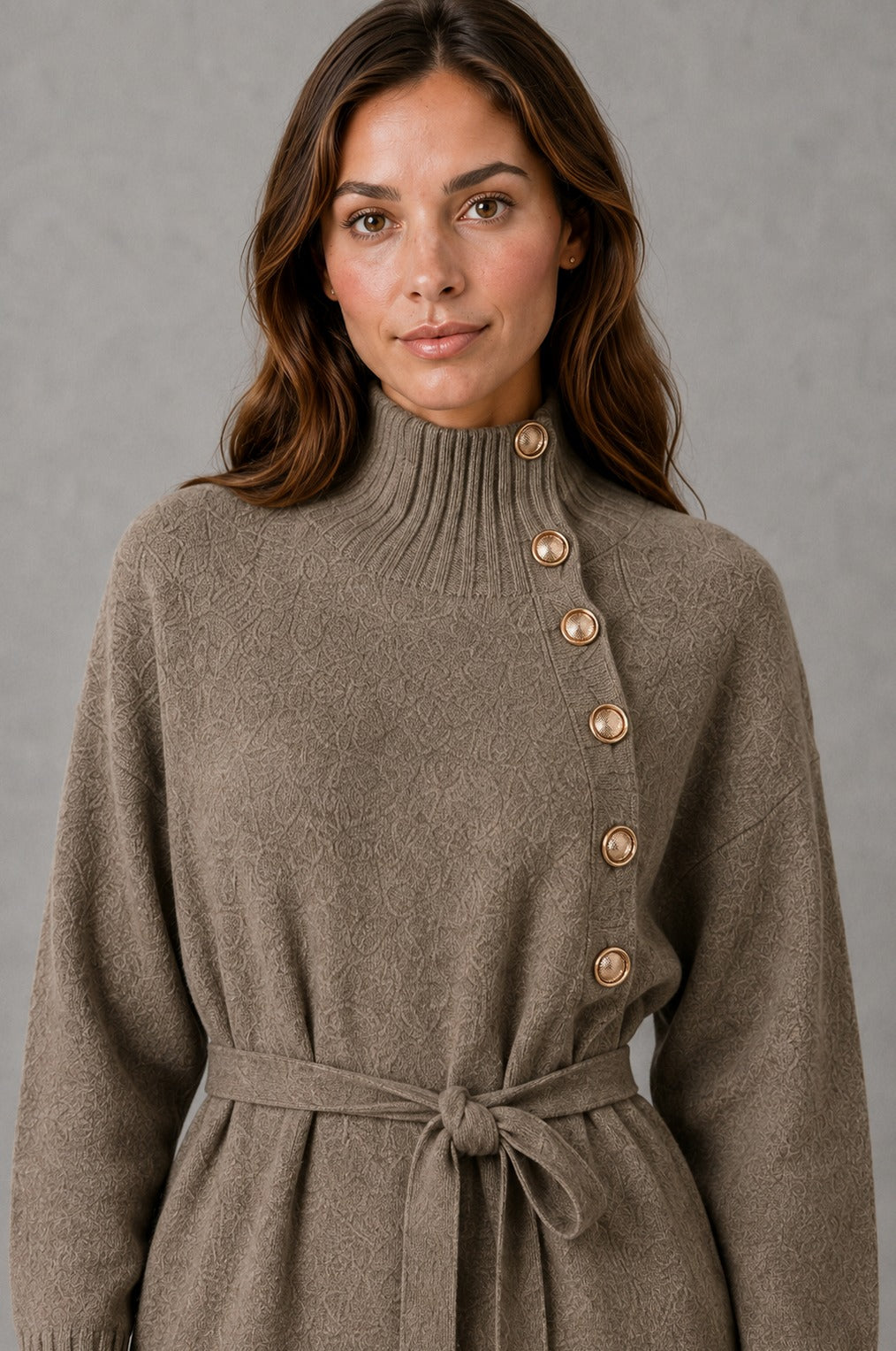 Belted Mock Neck Midi Sweater Dress