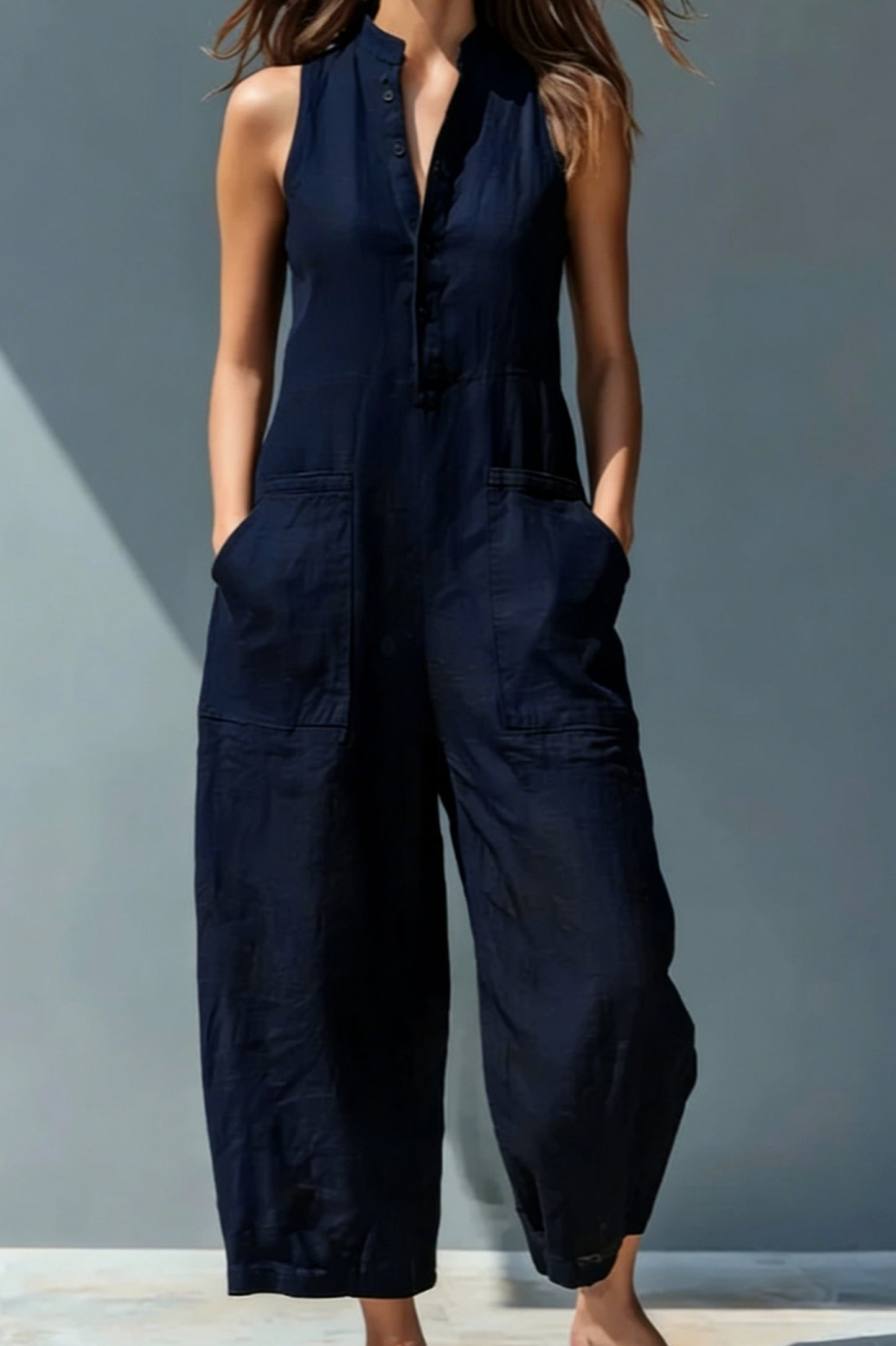 Button Front Wide Leg Jumpsuit