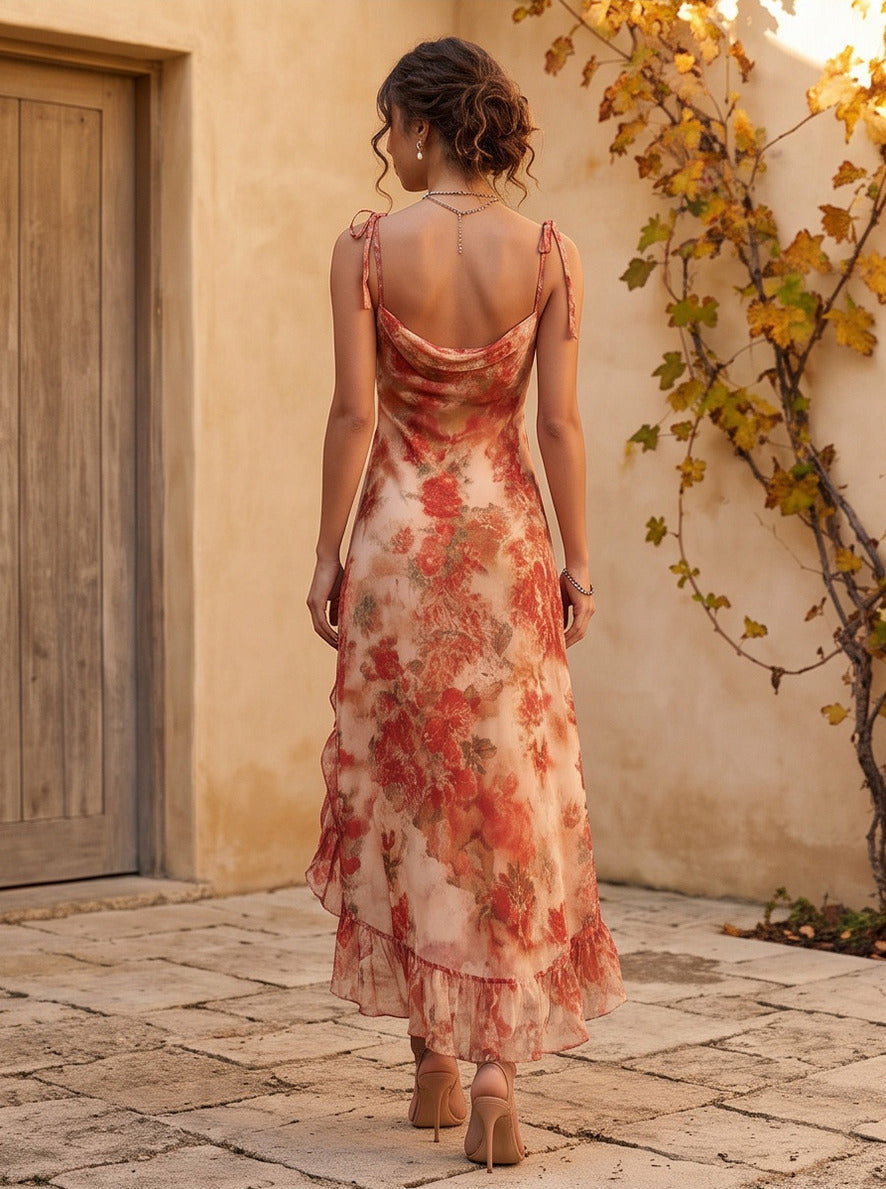 Chiffon Ruched Ruffle Maxi Dress