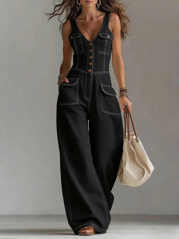 Denim Button Front Wide Leg Jumpsuit