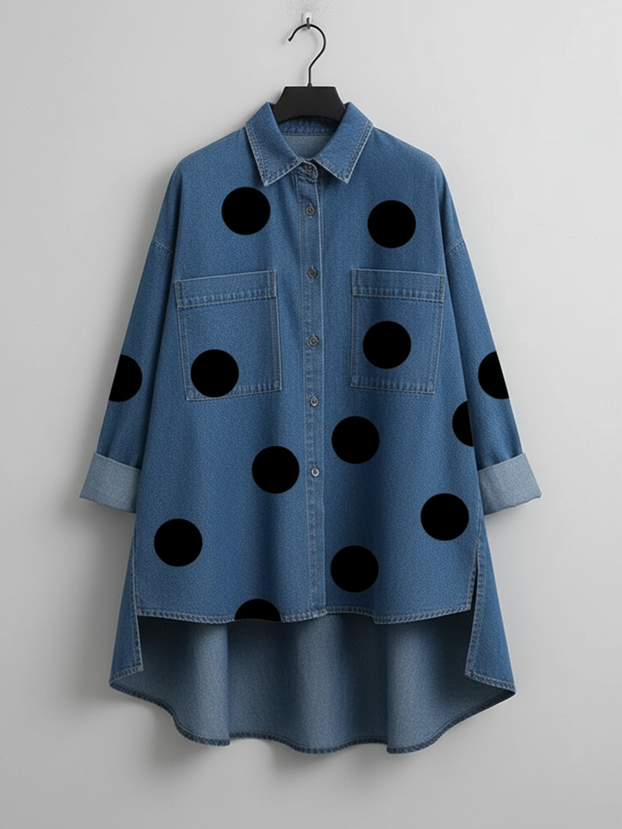 Denim Long Sleeve Polka Dot Oversized Blouse