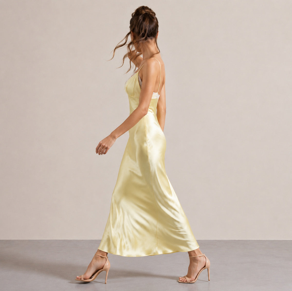 Lace Trim Satin Slip Midi Dress