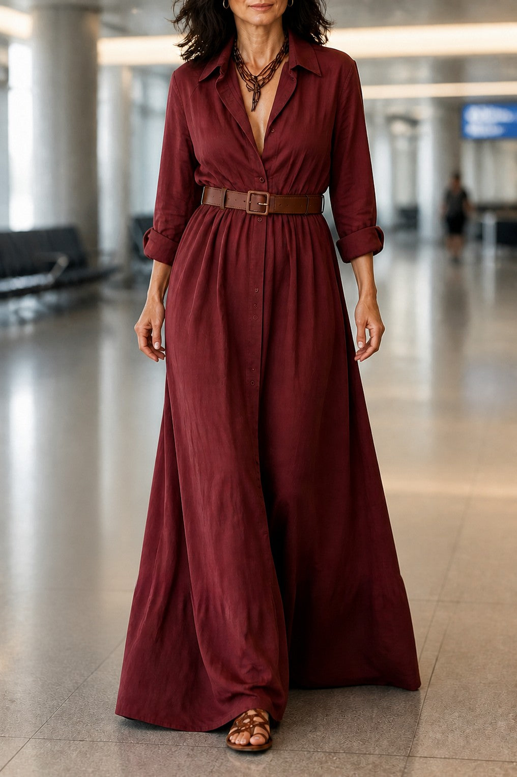 Long Sleeve Belted Maxi Shirt Dress