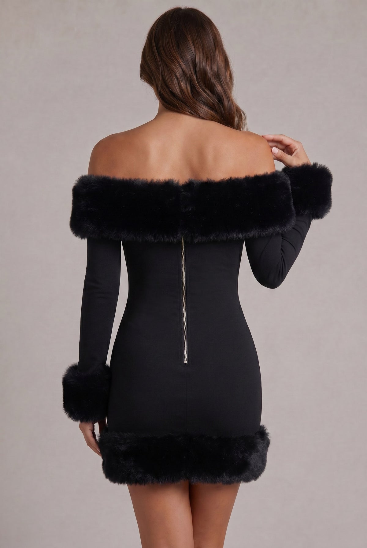 Long Sleeve Off Shoulder Faux Fur Trim Mini Dress