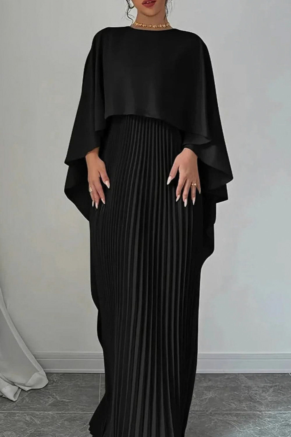 Pleated Cape Maxi Dress