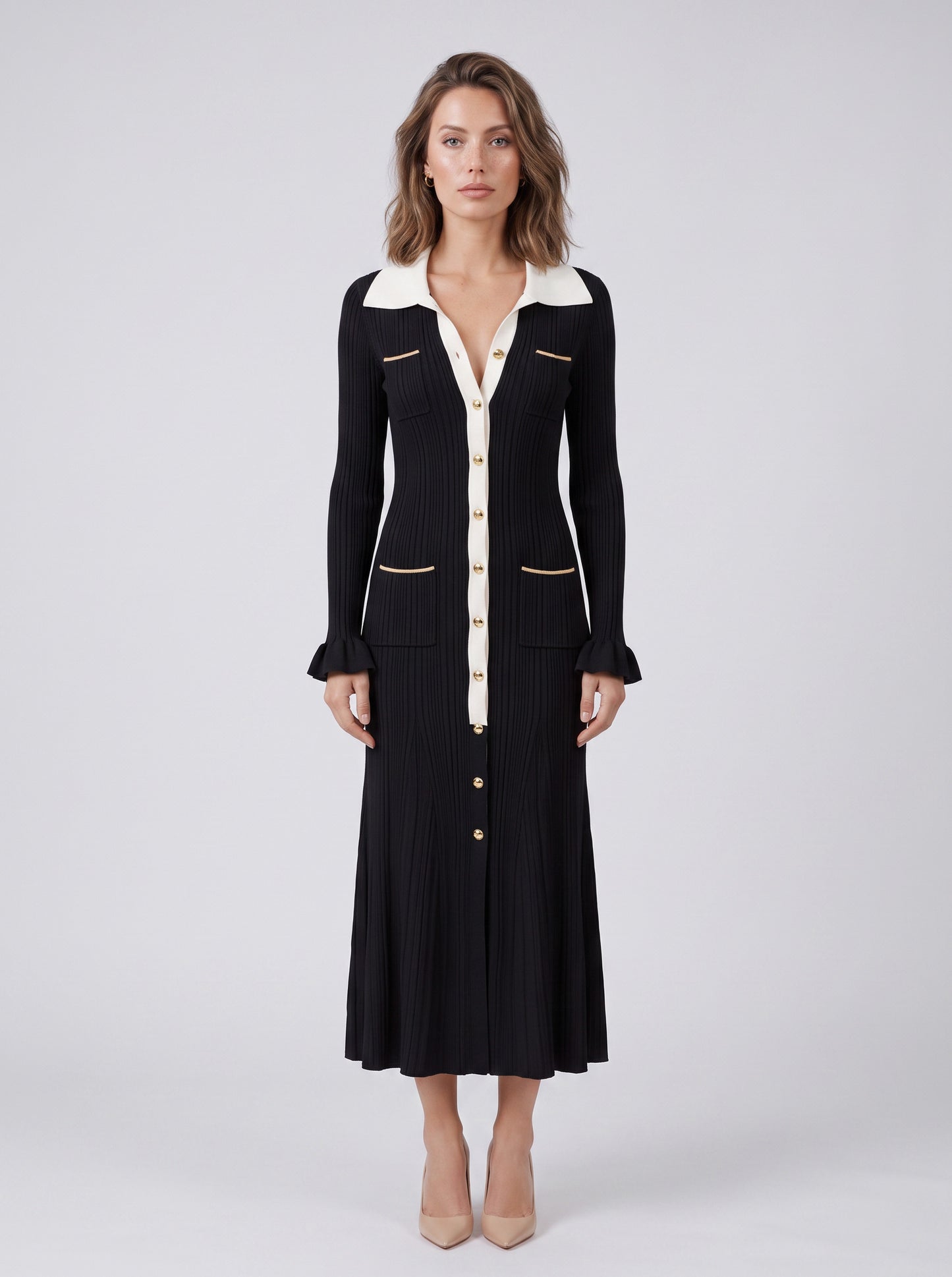 Ribbed Collared Long Sleeve Sweater Dress