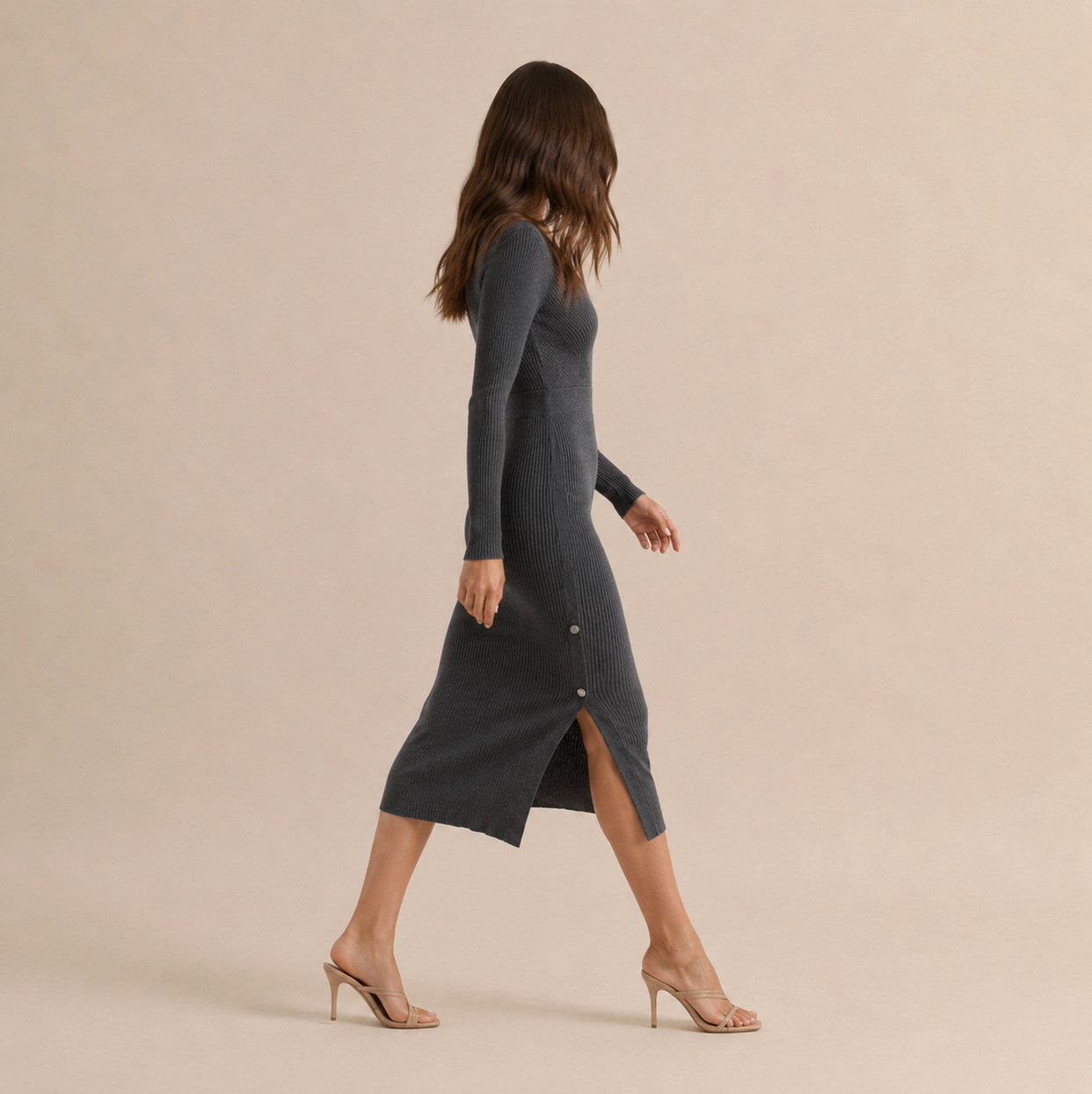 Ribbed Knit Long Sleeve Wrap Midi Dress