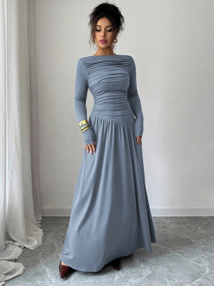 Long Sleeve Ruched Drop Waist Maxi Dress