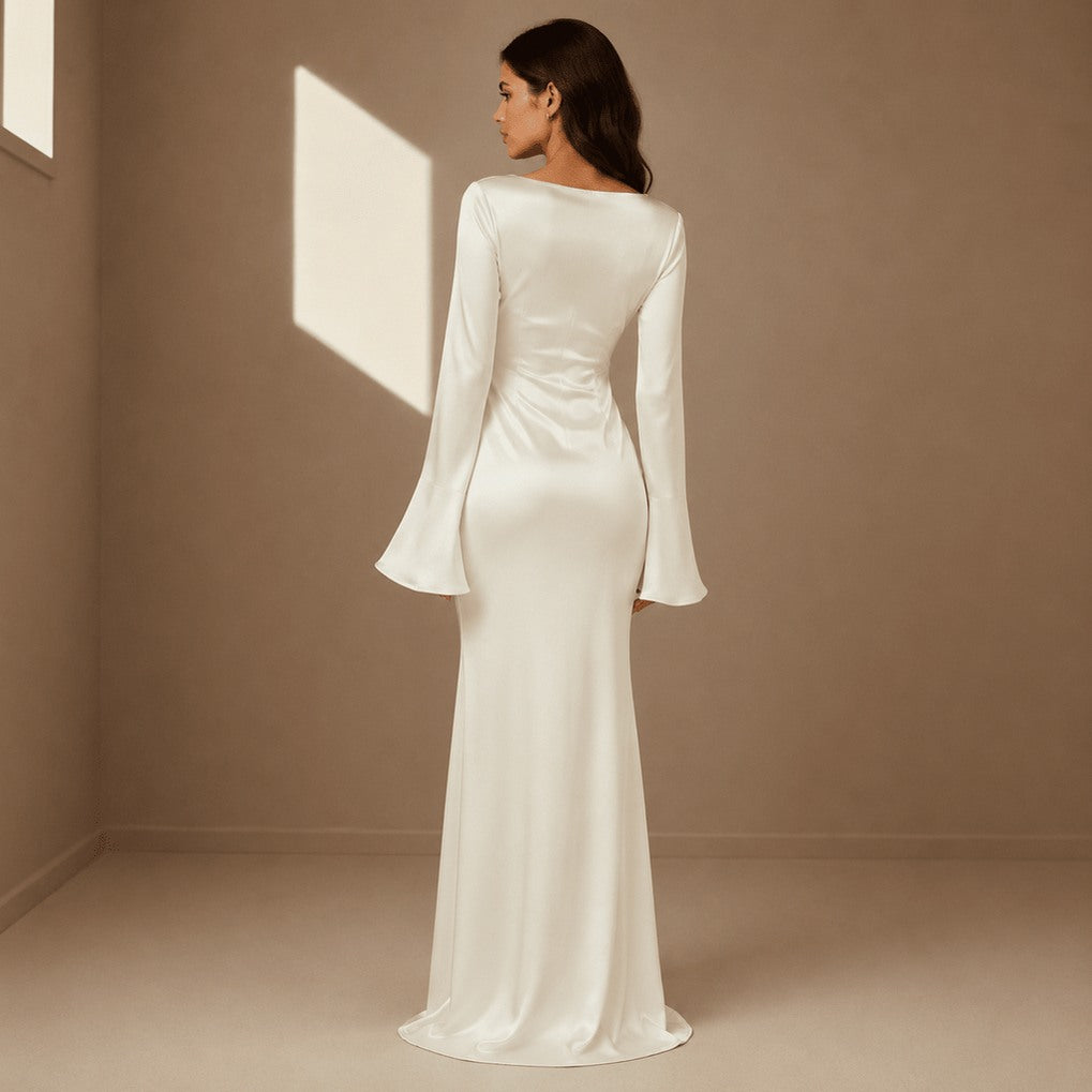 Satin Bell Long Sleeve Maxi Dress