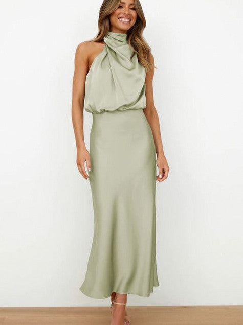Satin Halter Draped Midi Dress