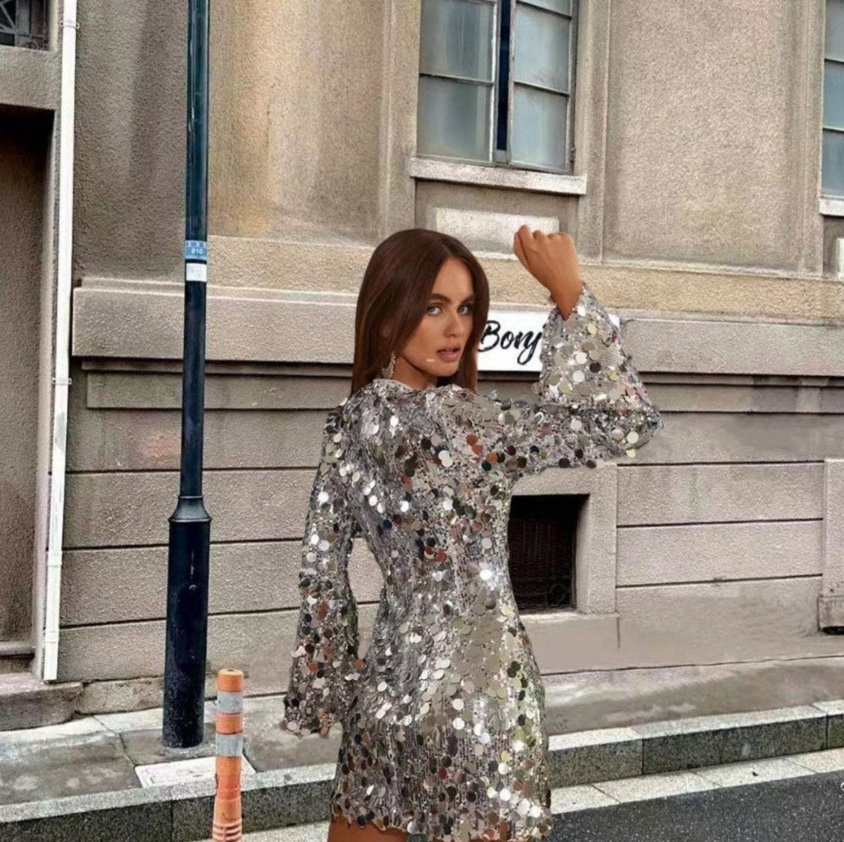 Sequin Bell Sleeve Mini Dress