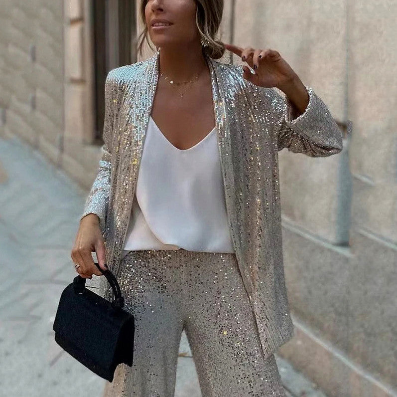 Sequin Long Sleeve Open Front Blazer