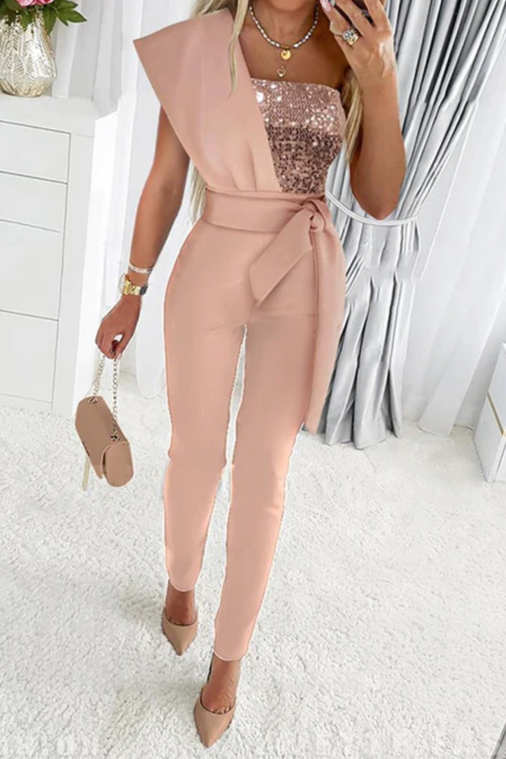 Sequin One Shoulder Jumpsuit
