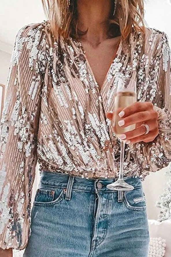 Sequin Wrap Long Sleeve Top