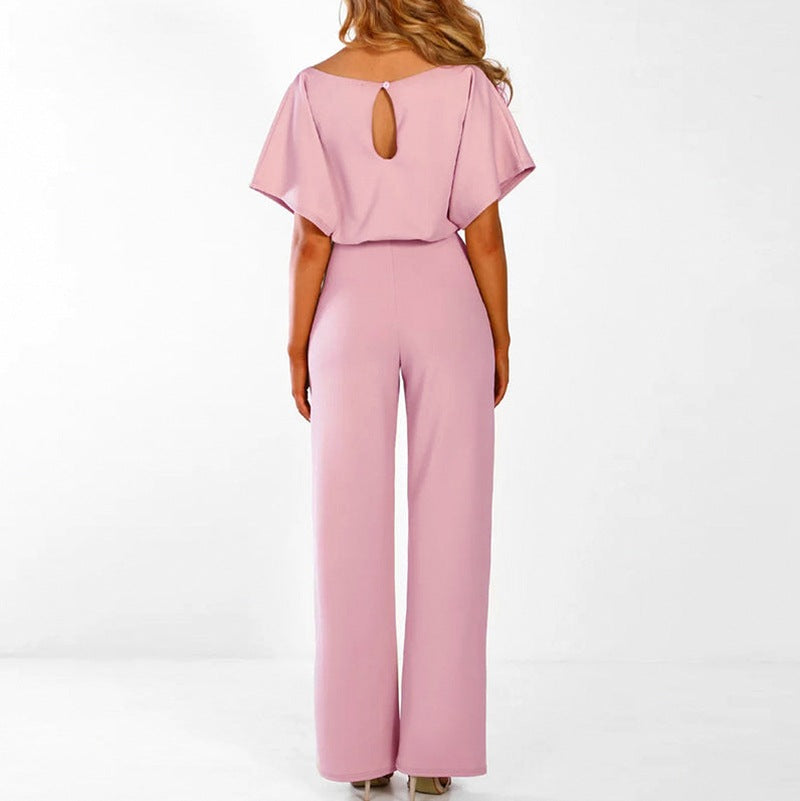 Short Sleeve Tie Waist Jumpsuit