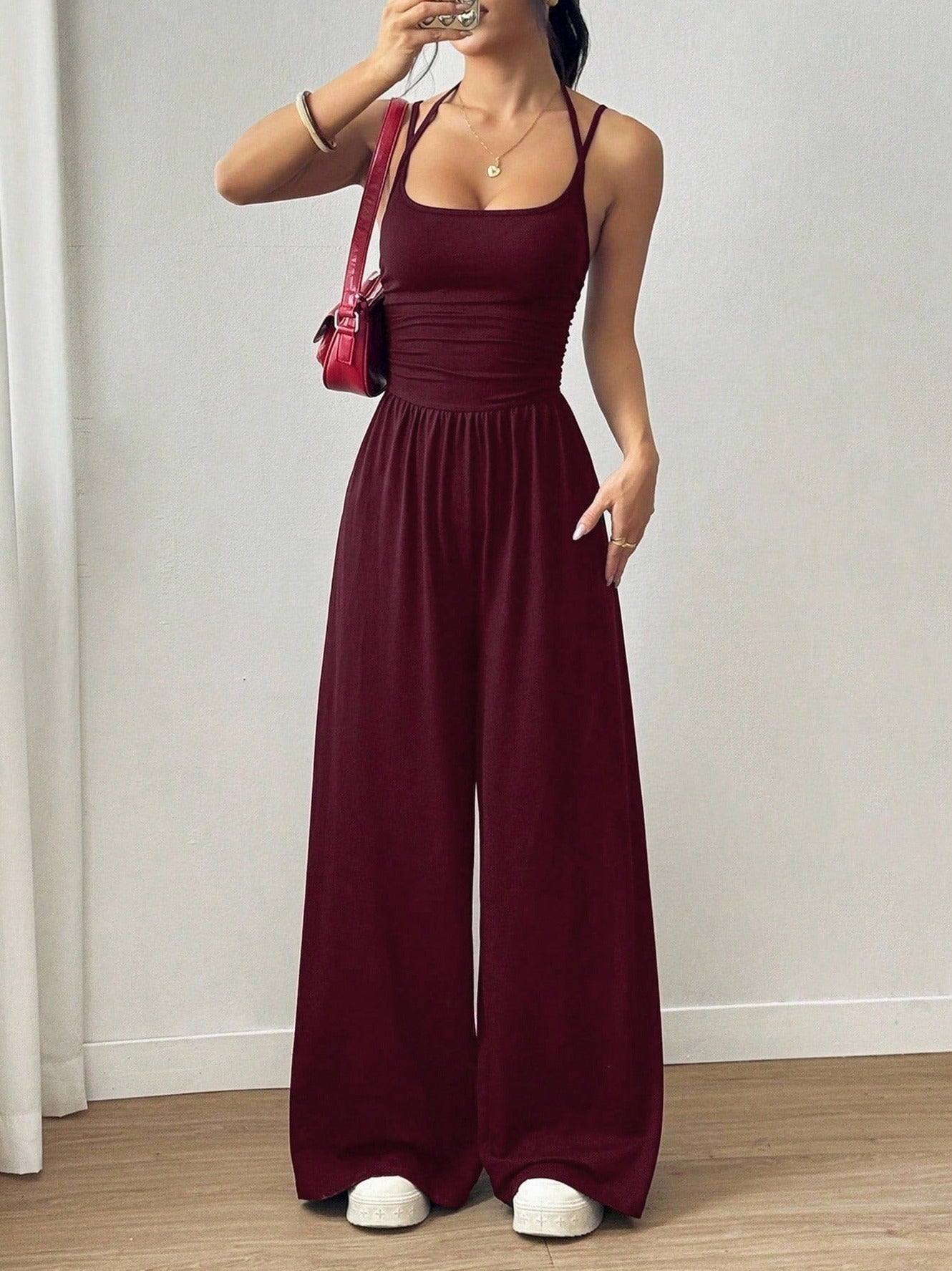 Square Neck Ruched Wide Leg Jumpsuit