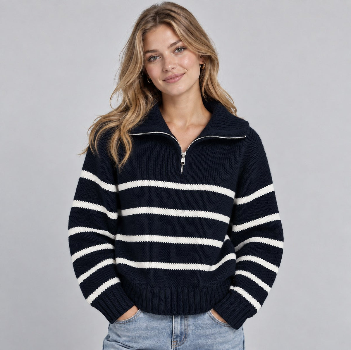 Striped Half Zip Knit Sweater