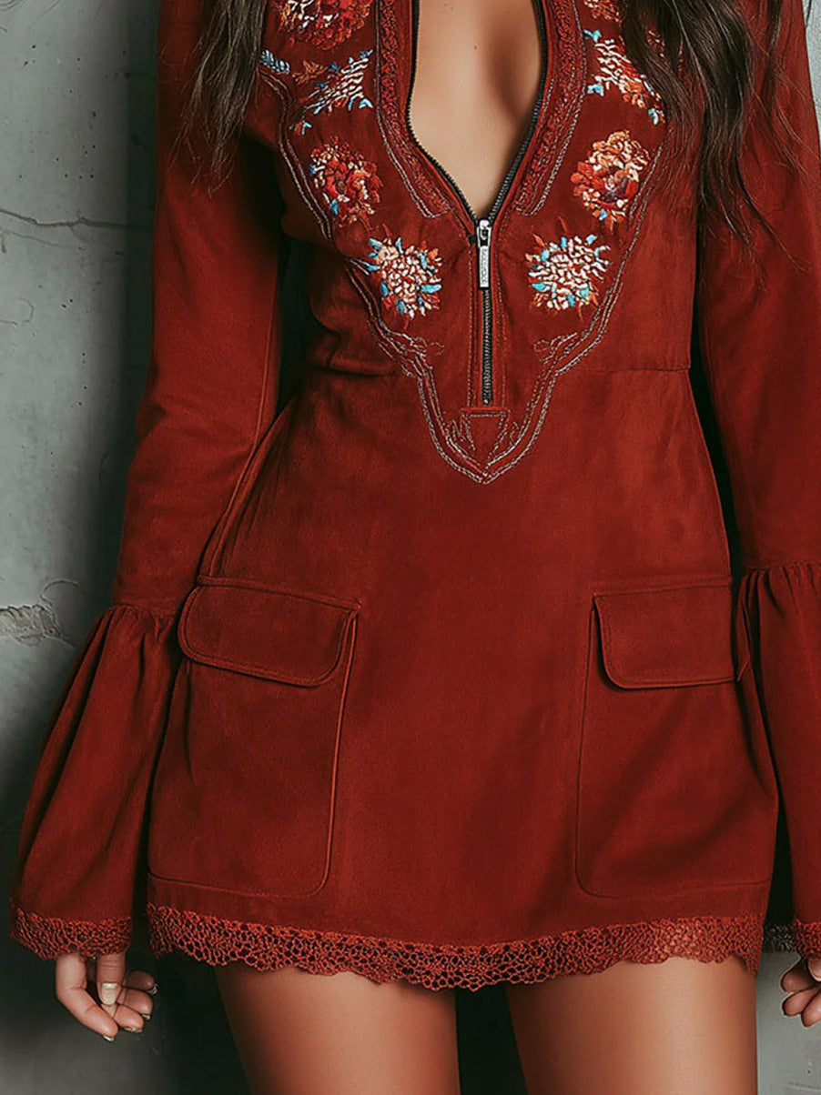 Suede Embroidered Bell Sleeve Mini Dress
