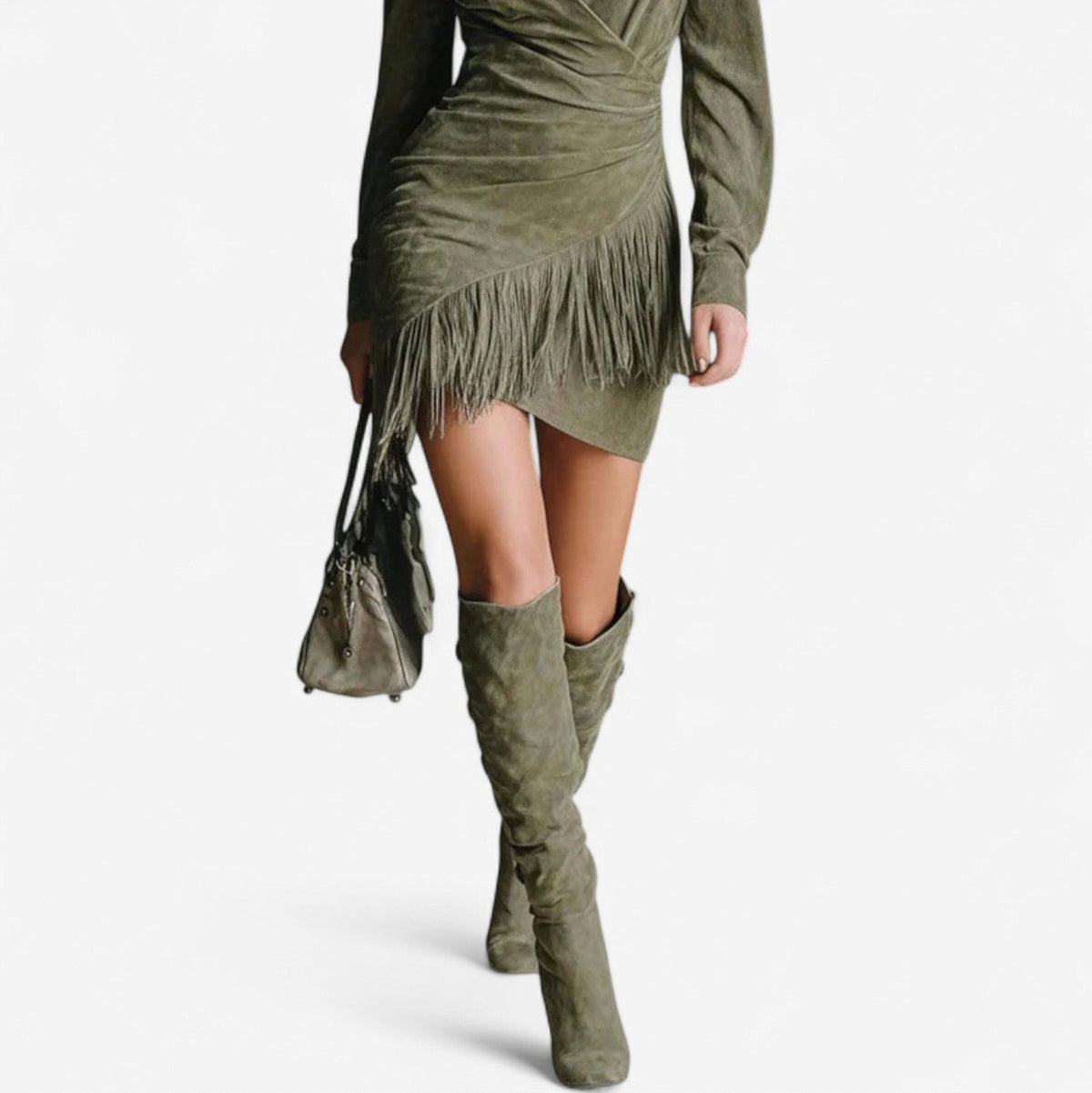 Suede Fringe Wrap Mini Dress