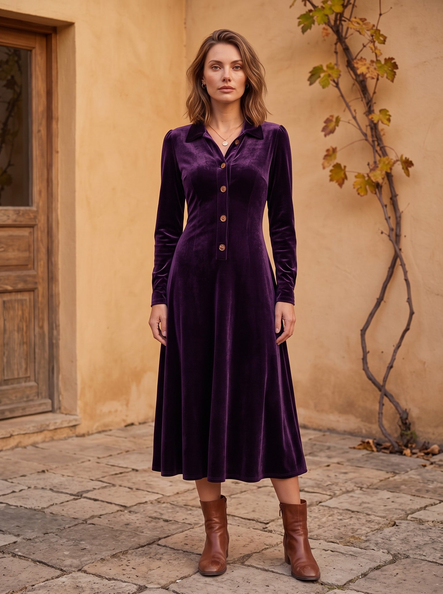 Velvet Collared Long Sleeve Midi Dress