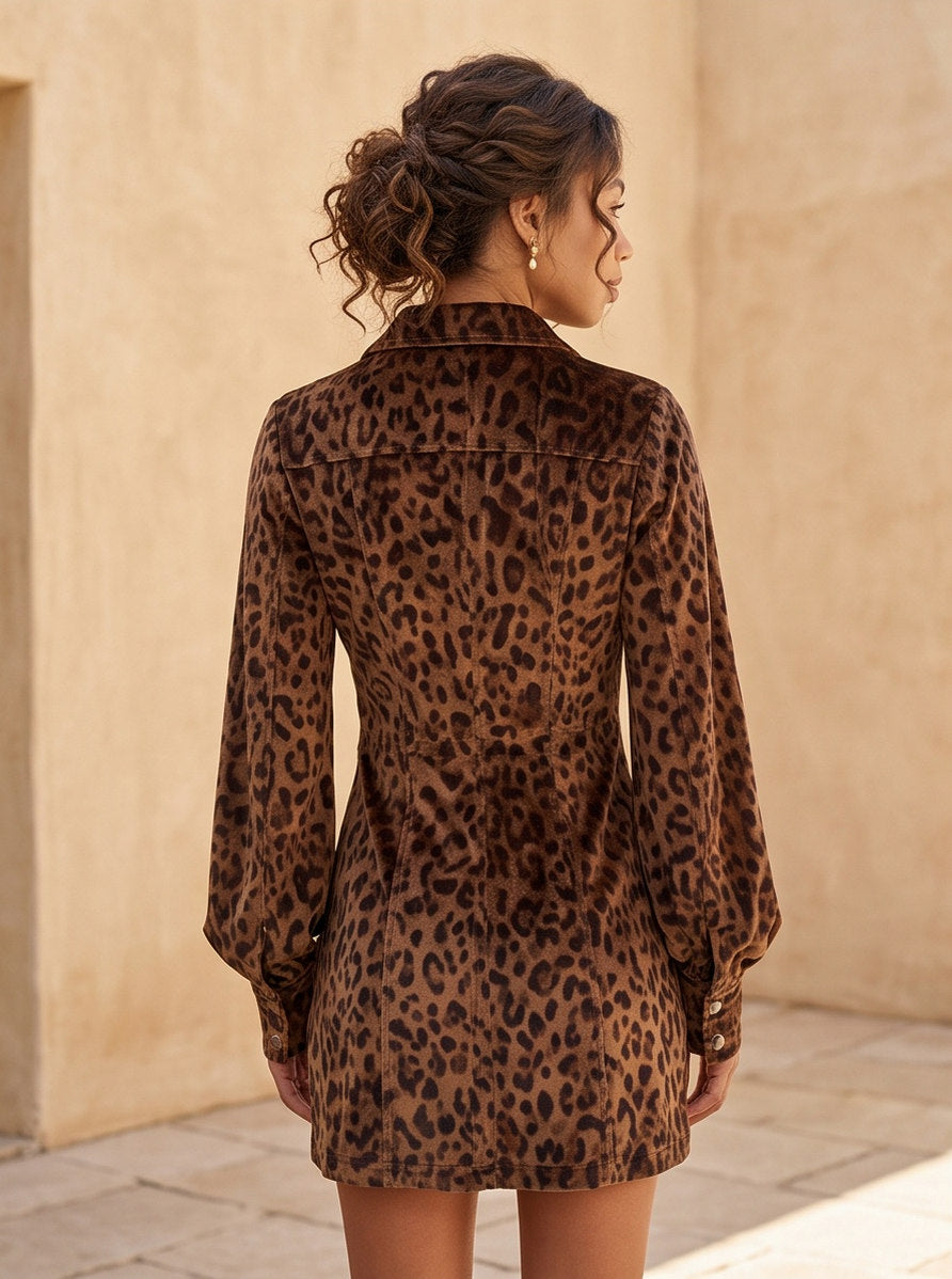 Velvet Long Sleeve Leopard Print Mini Dress