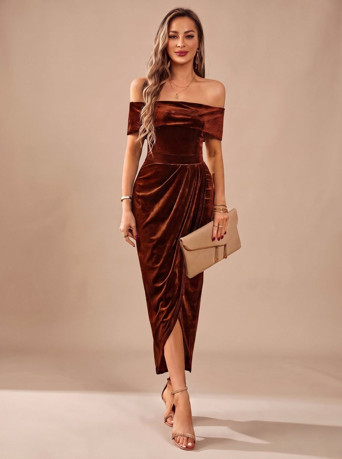 Velvet Off Shoulder Midi Dress