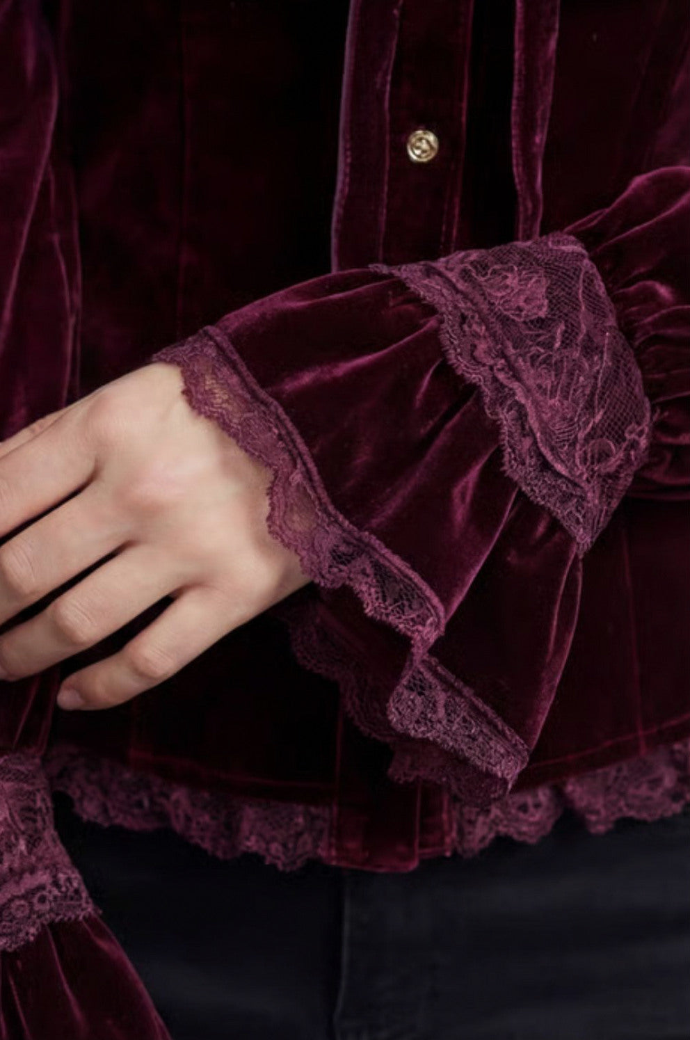 Velvet Ruffle Button Front Blouse