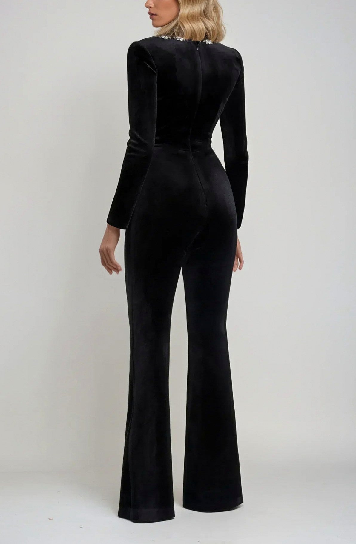 Velour Long Sleeve Square Neck Flared Jumpsuit