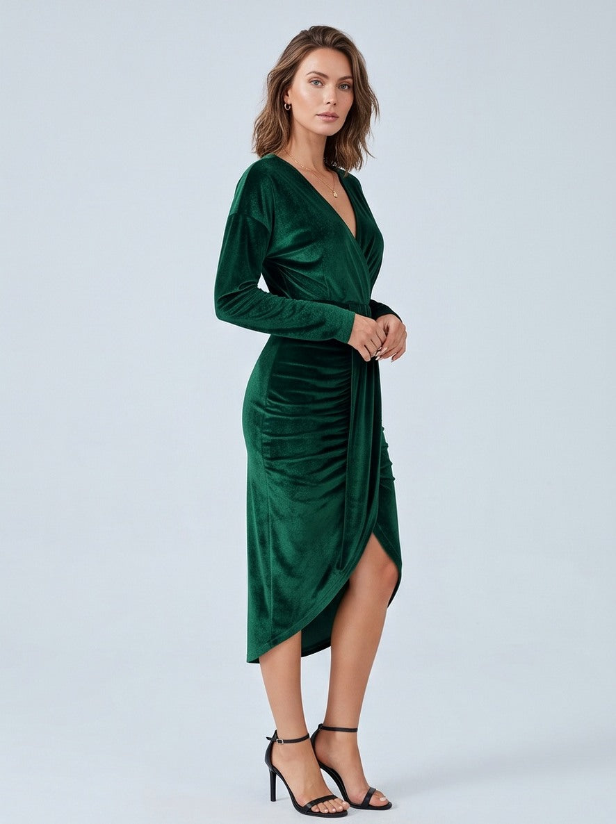 Velvet Wrap Long Sleeve Midi Dress