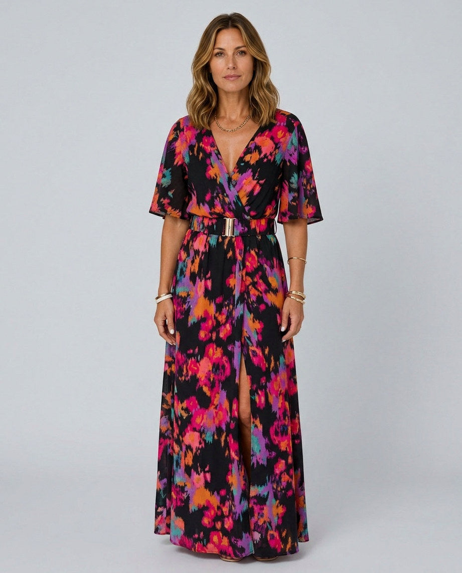Short Sleeve Abstract Belted Wrap Maxi Dress