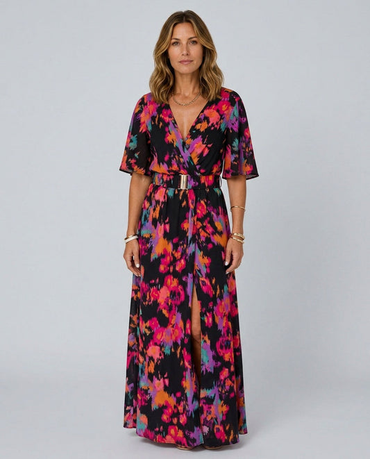 Short Sleeve Abstract Belted Wrap Maxi Dress