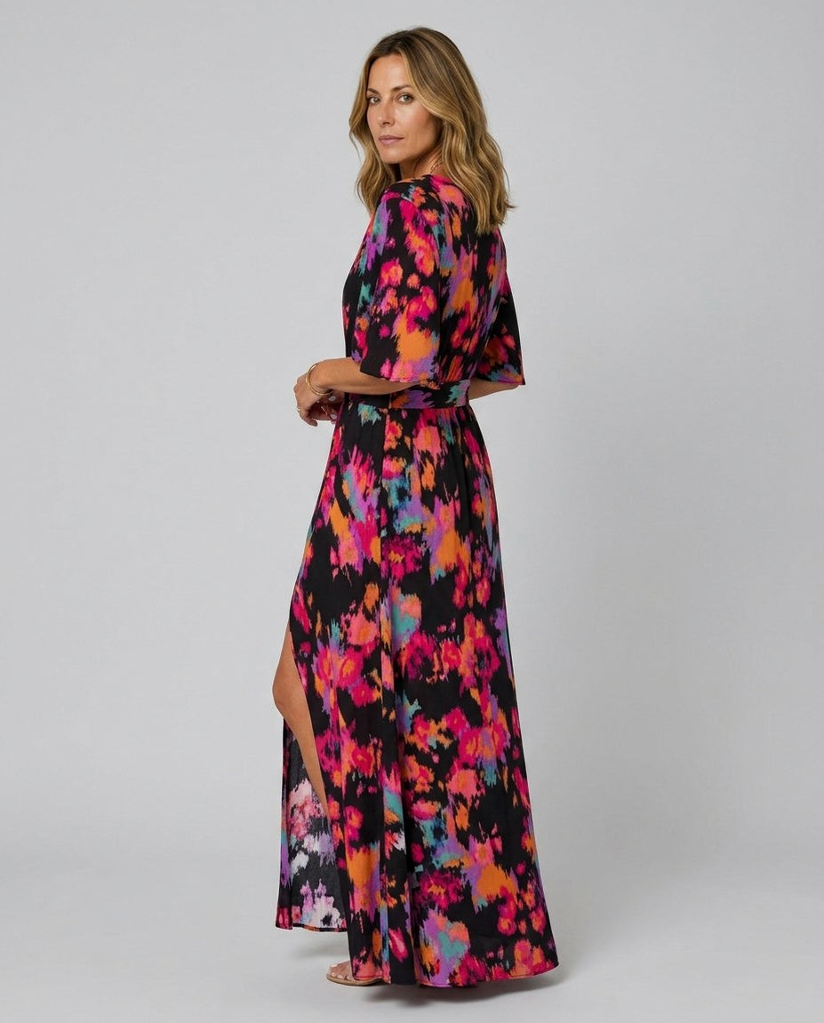 Short Sleeve Abstract Belted Wrap Maxi Dress
