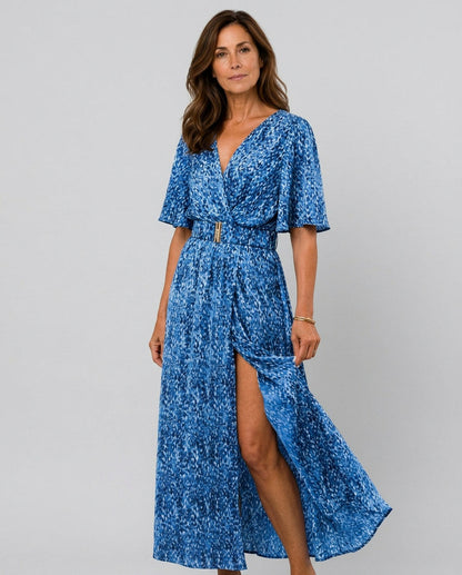 Short Sleeve Abstract Belted Wrap Maxi Dress