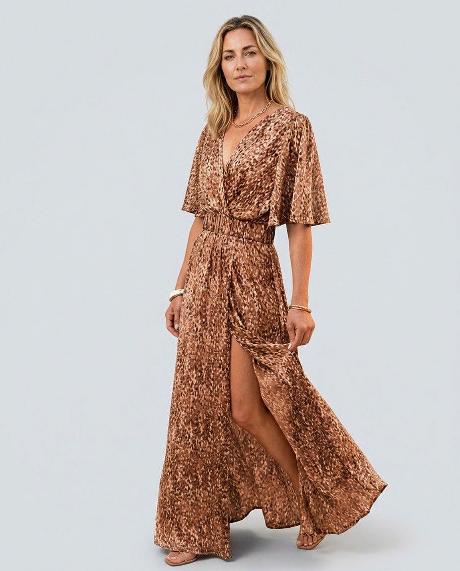 Short Sleeve Abstract Belted Wrap Maxi Dress