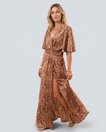 Short Sleeve Abstract Belted Wrap Maxi Dress