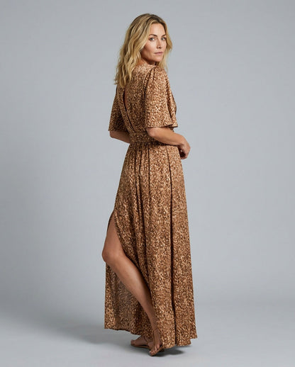 Short Sleeve Abstract Belted Wrap Maxi Dress