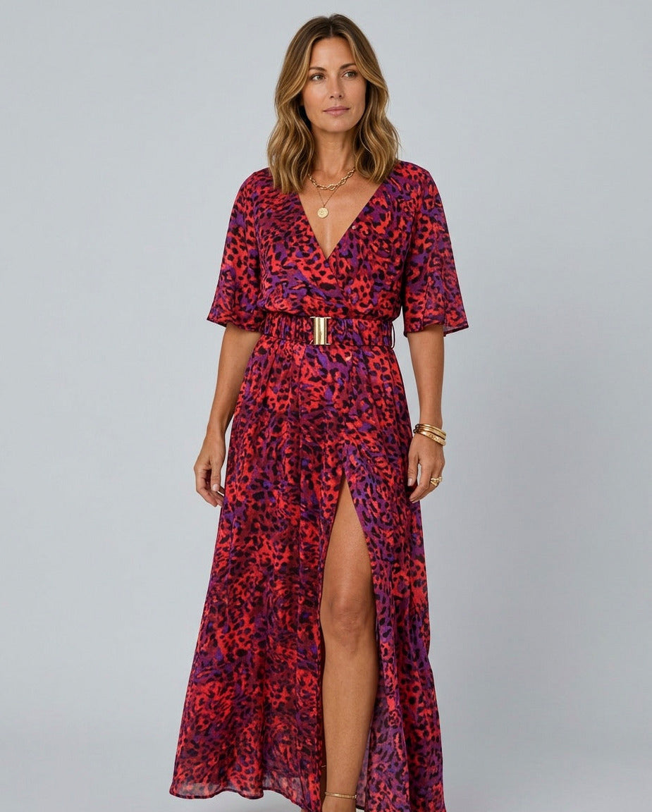 Short Sleeve Abstract Belted Wrap Maxi Dress