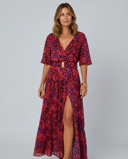 Short Sleeve Abstract Belted Wrap Maxi Dress