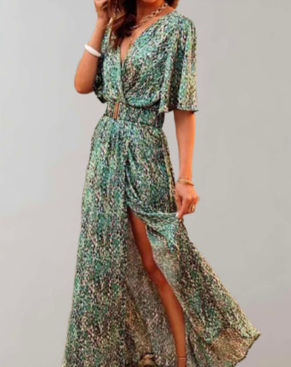 Short Sleeve Abstract Belted Wrap Maxi Dress