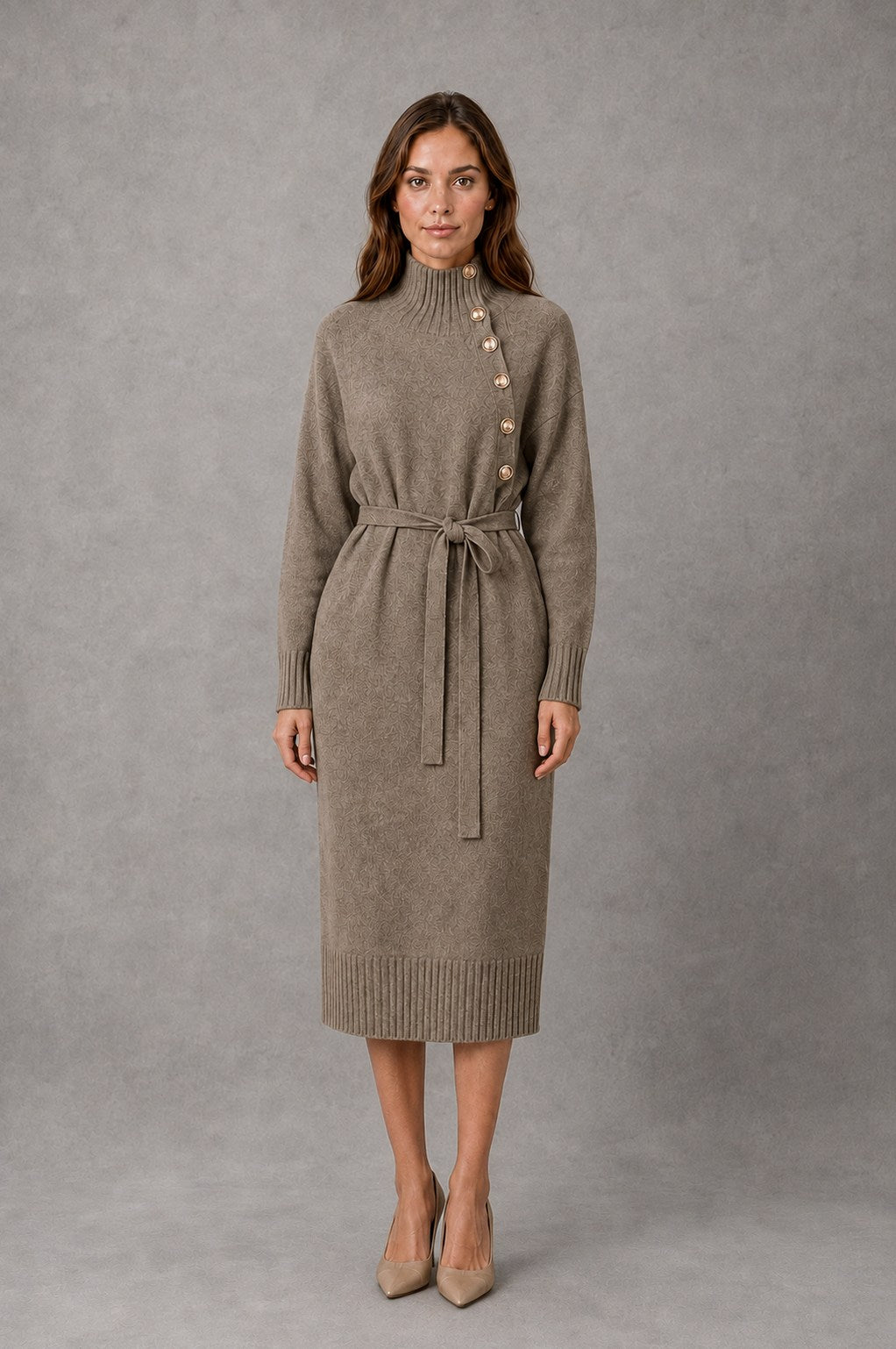 Belted Mock Neck Midi Sweater Dress