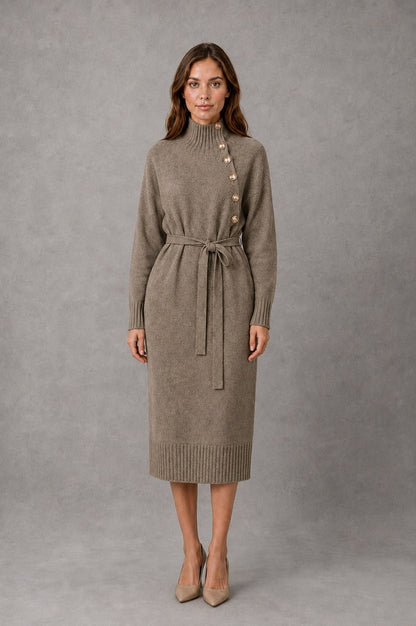 Belted Mock Neck Midi Sweater Dress