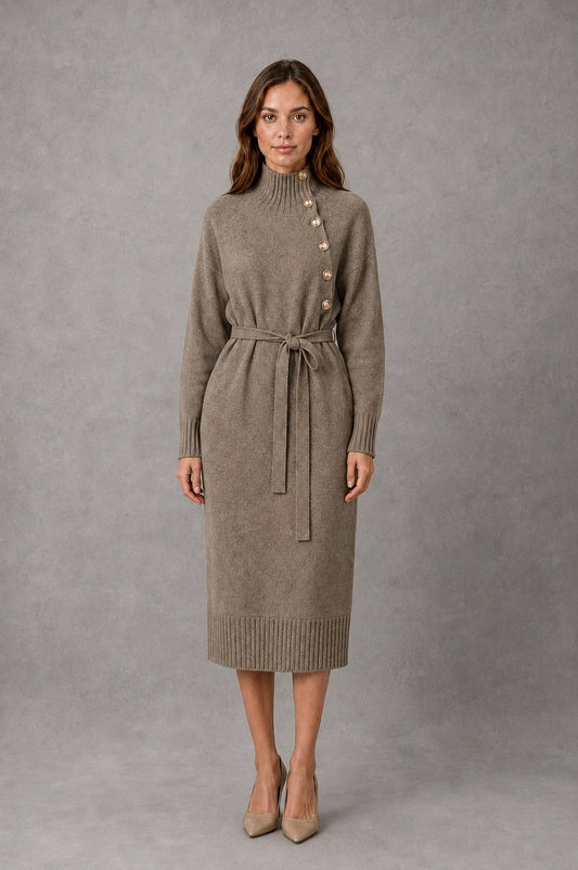 Belted Mock Neck Midi Sweater Dress