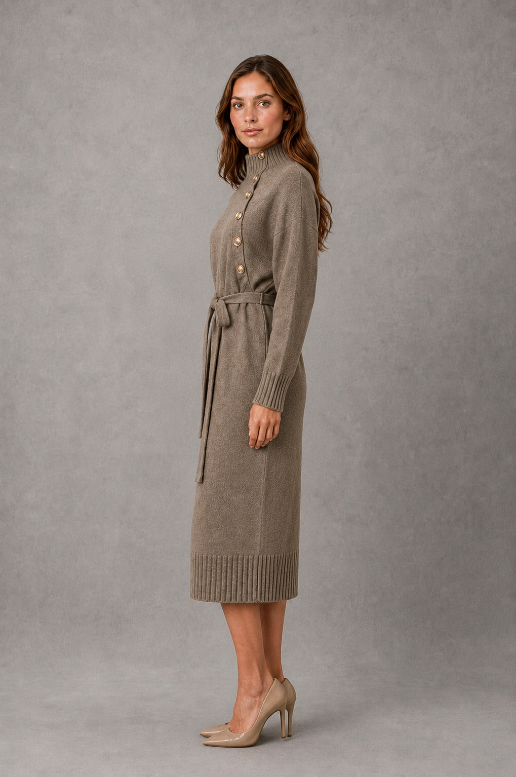 Belted Mock Neck Midi Sweater Dress