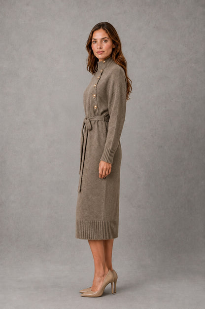 Belted Mock Neck Midi Sweater Dress