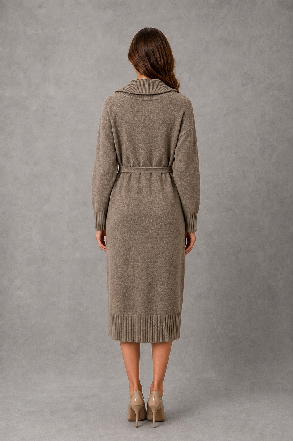 Belted Mock Neck Midi Sweater Dress
