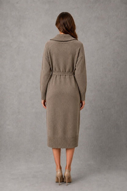 Belted Mock Neck Midi Sweater Dress