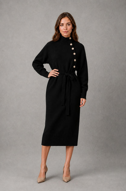 Belted Mock Neck Midi Sweater Dress