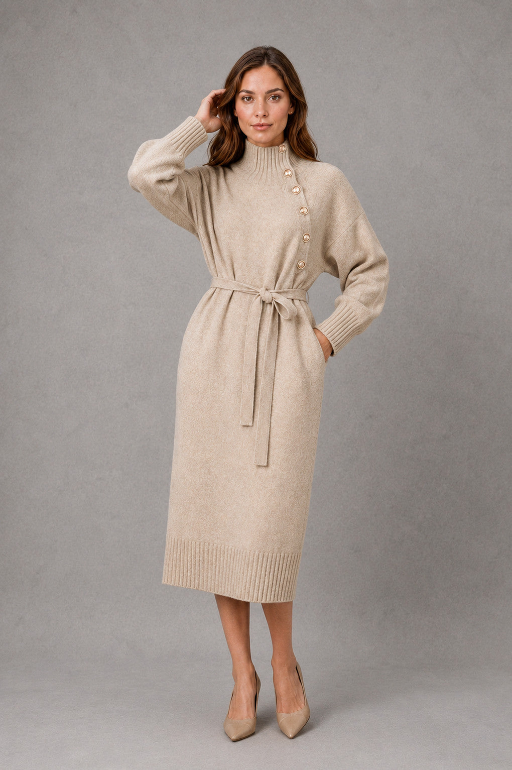 Belted Mock Neck Midi Sweater Dress