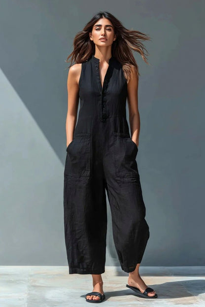 Button Front Wide Leg Jumpsuit